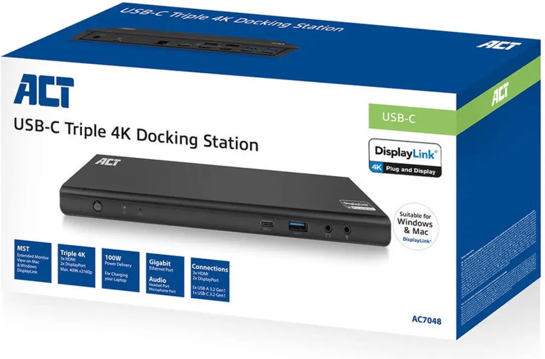 ACT AC7048 USB-C Docking Station 4K - 3 Monitoren - Zwart - afbeelding 6 van 6
