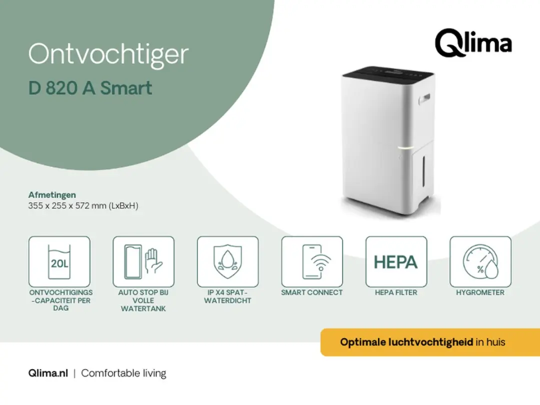 Qlima D 820 A Smart Luchtontvochtiger - 20L/dag - HEPA Filter - Wit