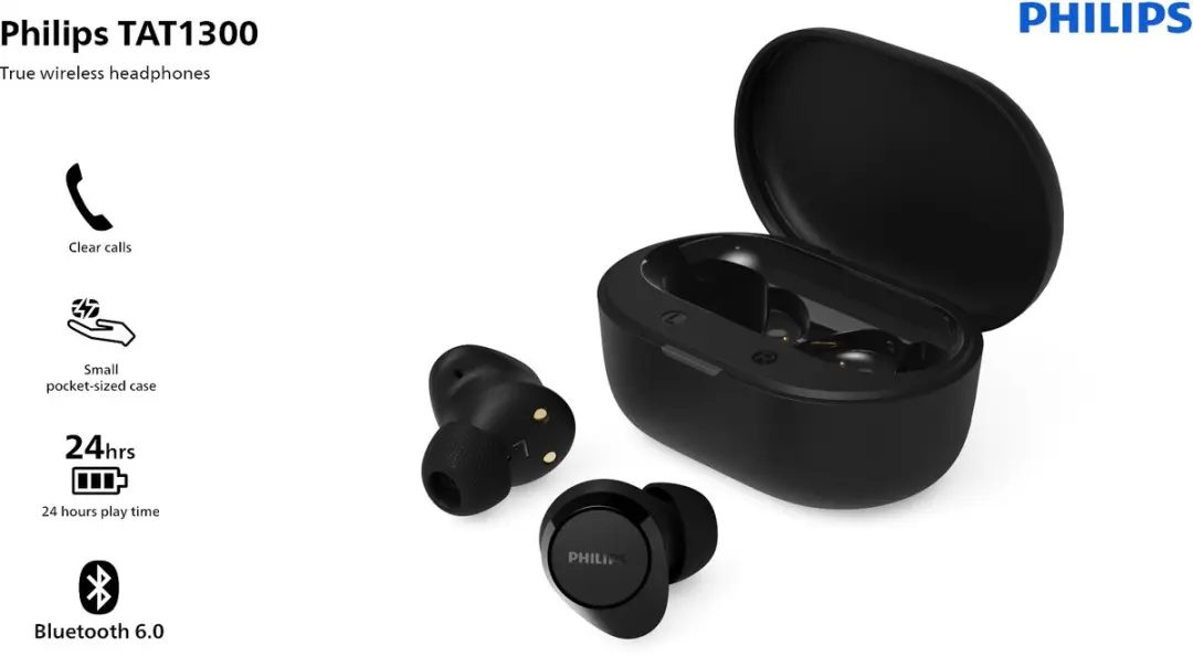 Philips TAT1300BK True Wireless Oordopjes - 24 Uur - IPX4 - Zwart