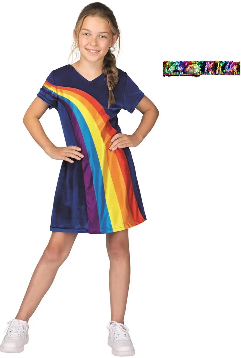K3 Regenboogjurk 122/134 - Multicolor - Glitter Haarband Pakket