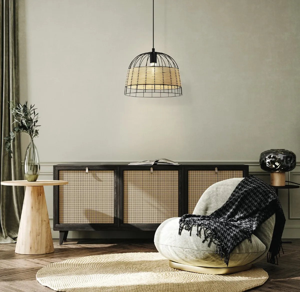 Eglo Anwick Hanglamp Ø37cm - Zwart/Rotan