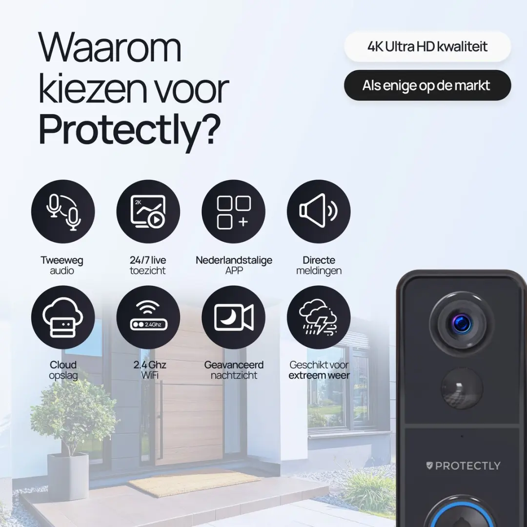 Protectly 4K Ultra HD Draadloze Video Deurbel SEC009 - Zwart - 60 Melodieën