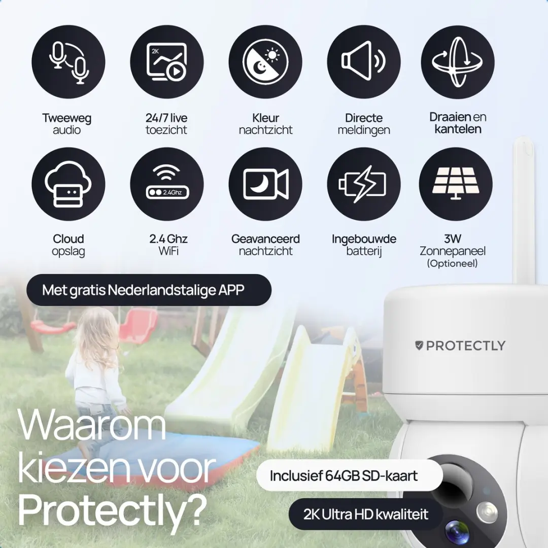 Protectly PROT014 Draadloze Buitencamera 2K - Wit - 64GB SD