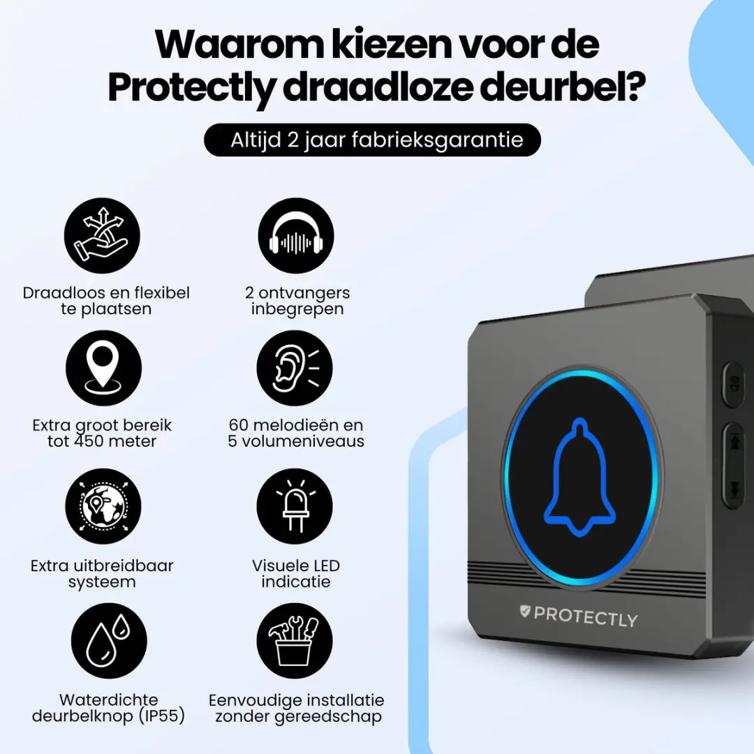 Protectly Draadloze Deurbel SI155 - 2 Ontvangers - 60 Melodieën - IP55 - Zwart