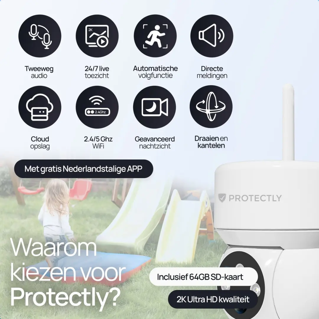 Protectly PROT016 Bewakingscamera Buiten 2K - 64GB SD - Nachtzicht - Wit