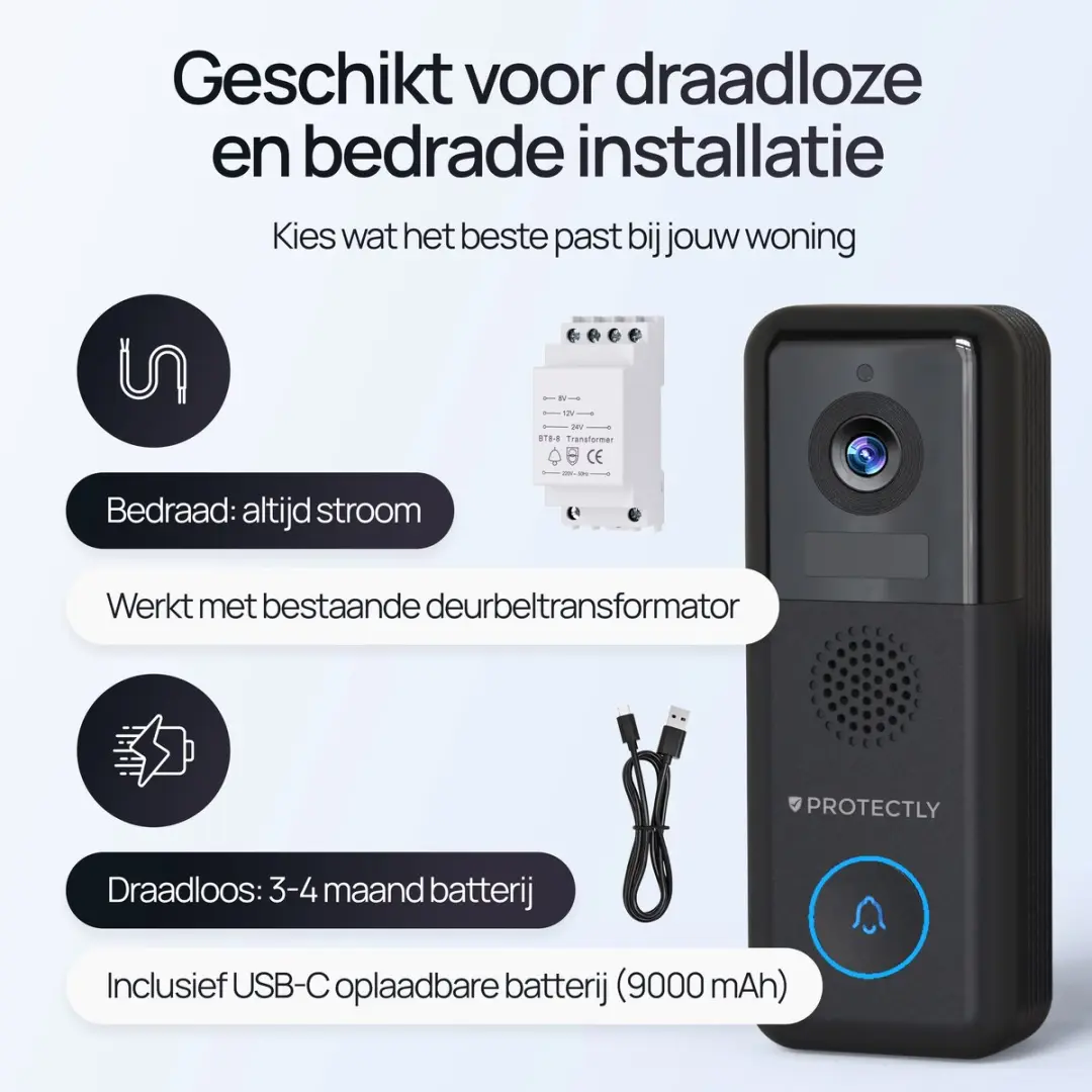 Protectly 2K Ultra HD Videodeurbel SEC010 - Bedraad & Draadloos - 64GB SD - Zwart - afbeelding 6 van 6