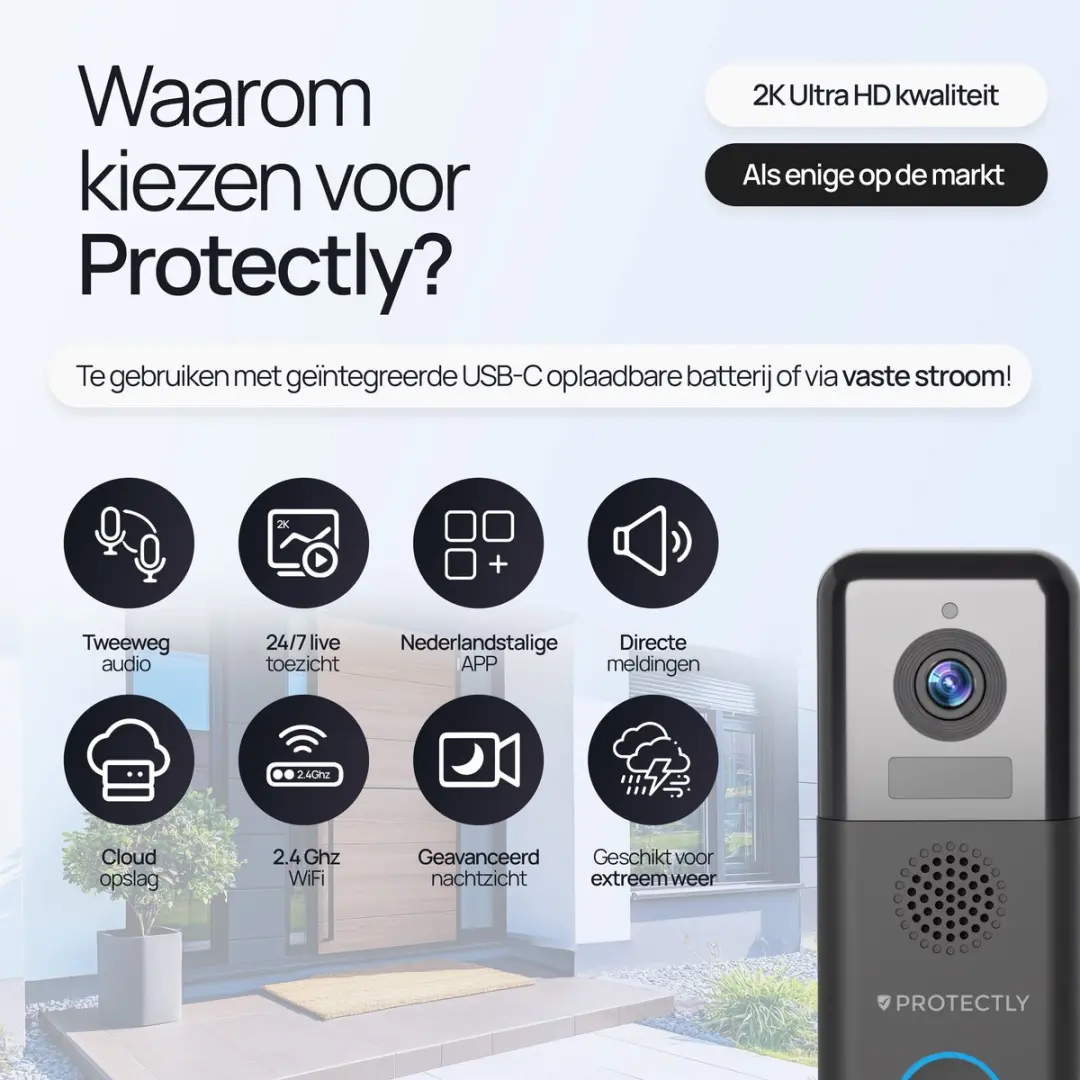Protectly 2K Ultra HD Videodeurbel SEC010 - Bedraad & Draadloos - 64GB SD - Zwart