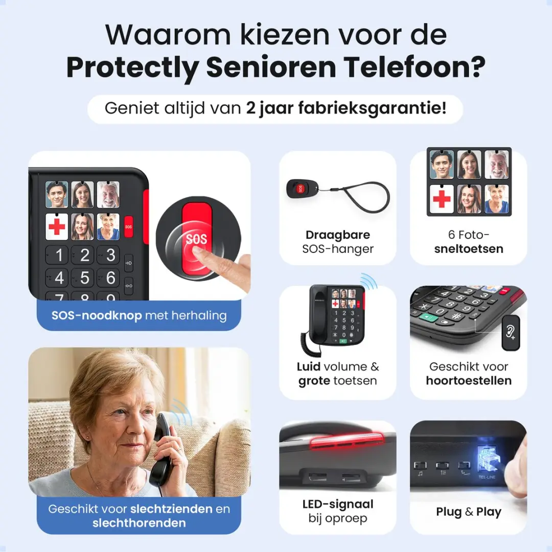 Protectly Senioren Telefoon PROT069-2 - SOS-Noodknop - Vaste Lijn - Zwart