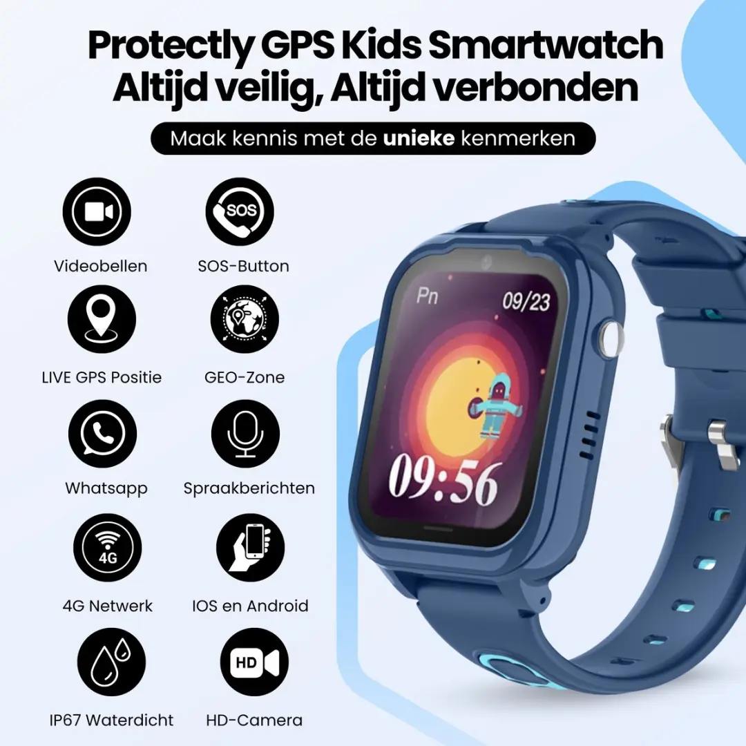 Protectly GPS Horloge Kind Blauw - 4G Videobellen - 800mAh