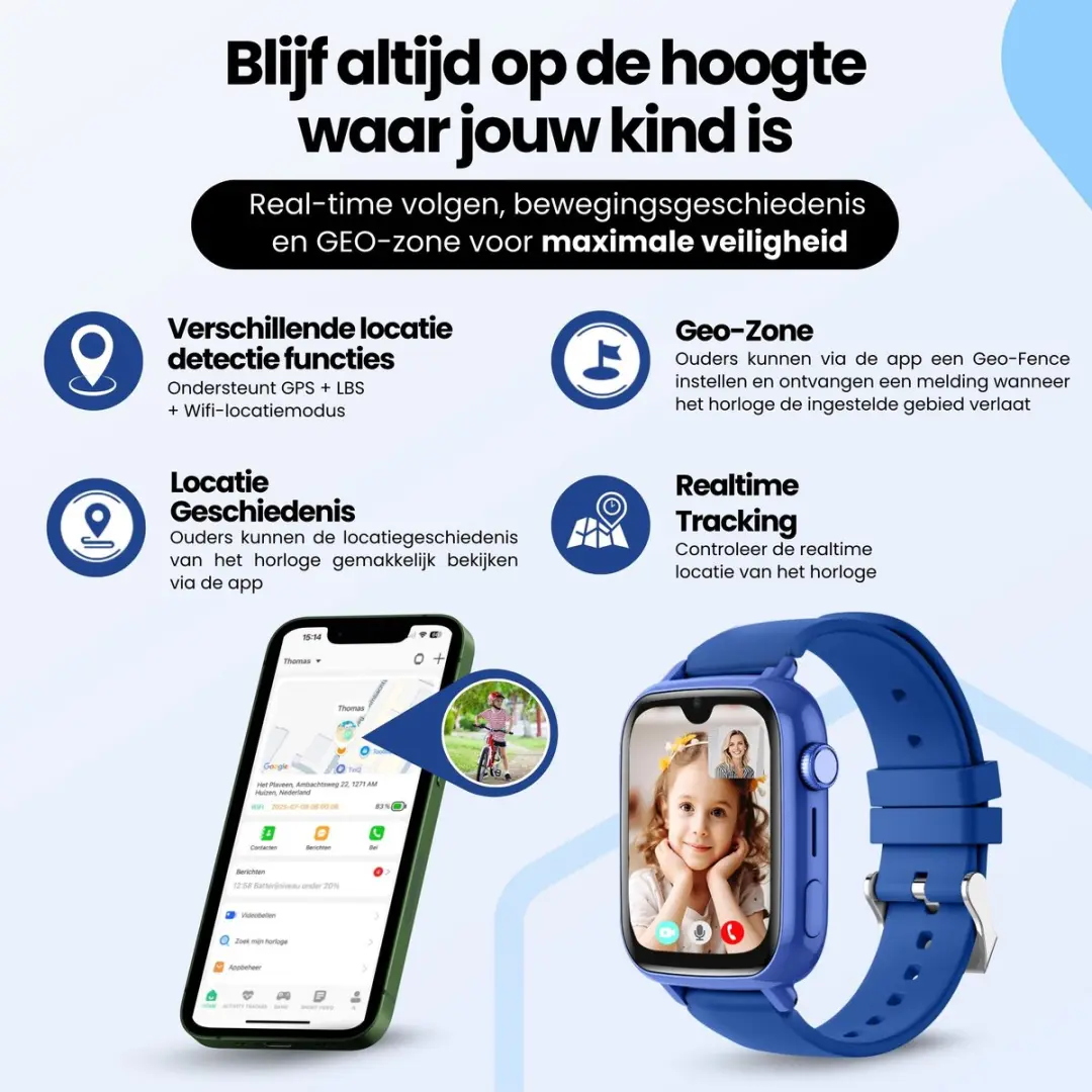 Protectly GPS Horloge Kind PROT012-2 - 4G - 800mAh - Blauw