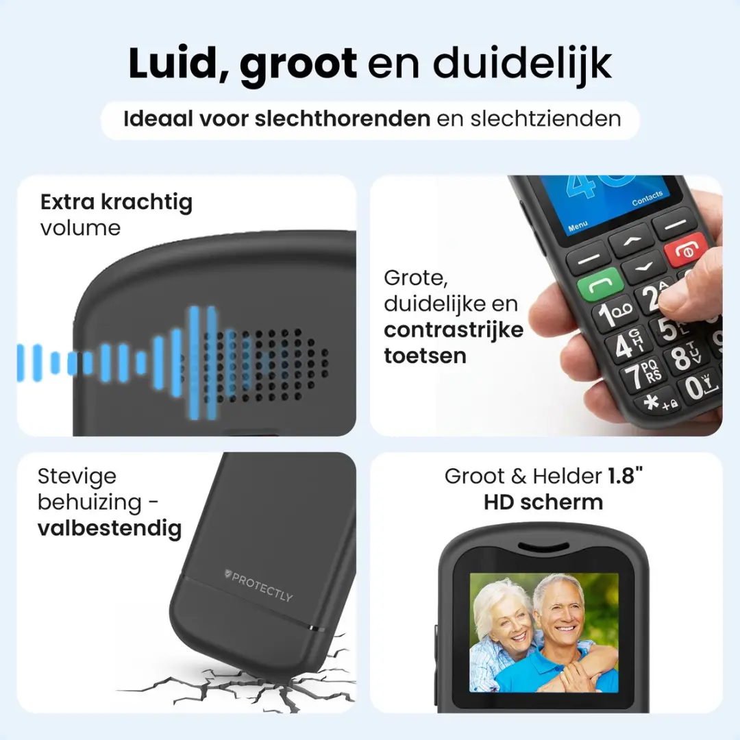 Protectly SEC012 Senioren GSM - 4G - SOS-Functie - Zwart