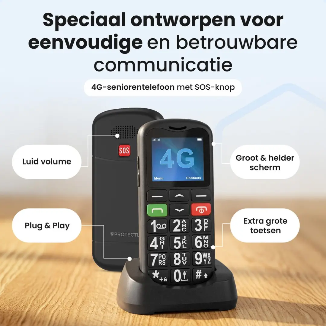 Protectly SEC012 Senioren GSM - 4G - SOS-Functie - Zwart