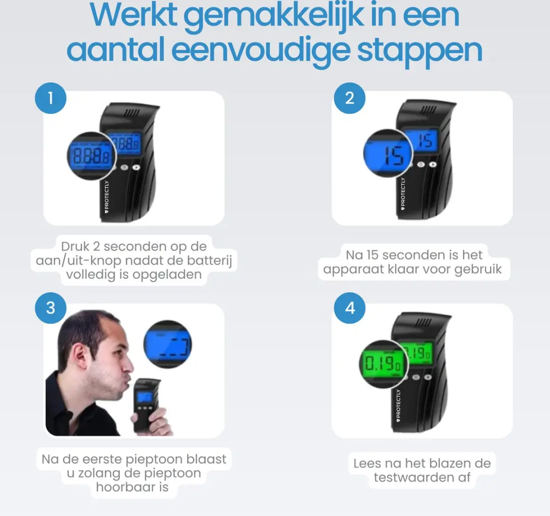 Protectly Digitale Alcoholtester PRO - Oplaadbaar - 20 Mondstukken - afbeelding 6 van 6