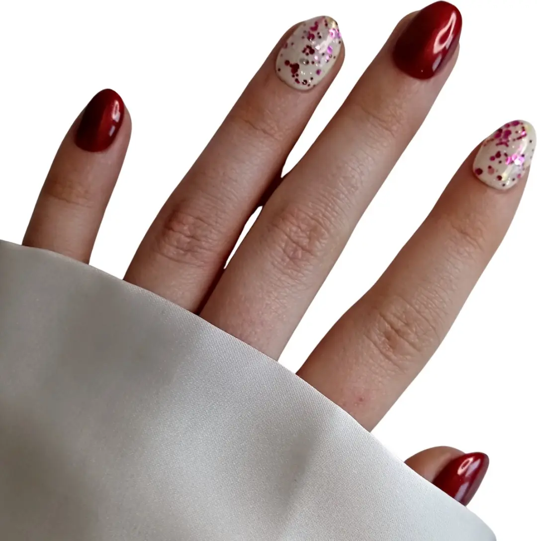 SD Press on Nails B-201 Plaknagels Rood Nude Glitter - 20 Stuks