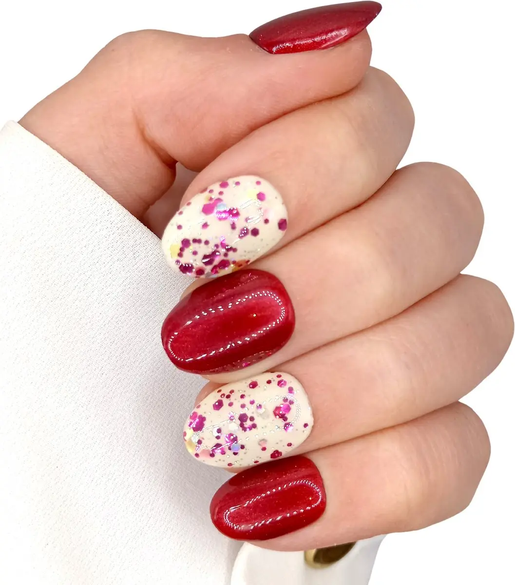 SD Press on Nails B-201 Plaknagels Rood Nude Glitter