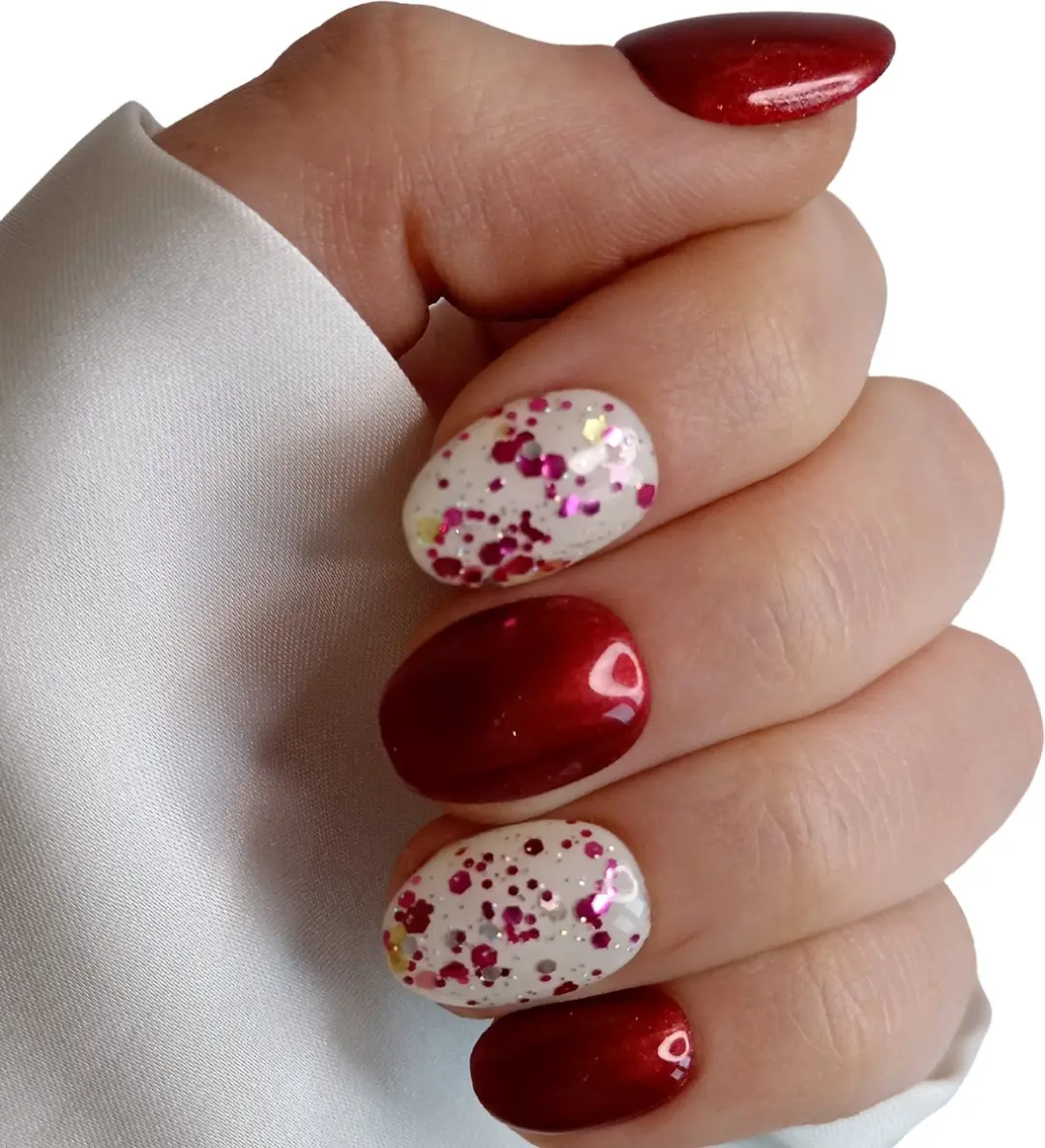SD Press on Nails B-201 Plaknagels Rood Nude Glitter - 20 Stuks