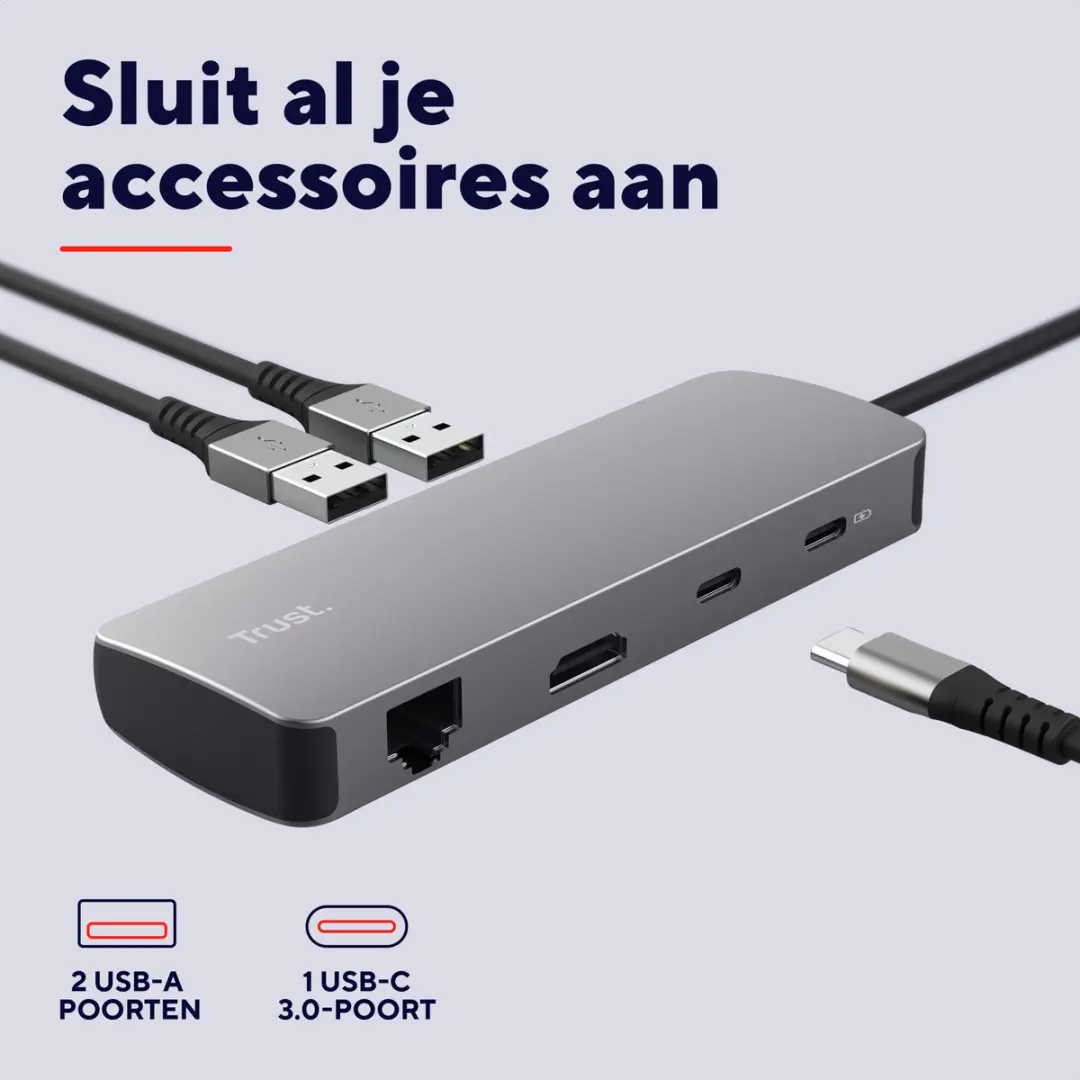 Trust Vylor 8-in-1 USB-C Hub - 5x USB + HDMI - Grijs