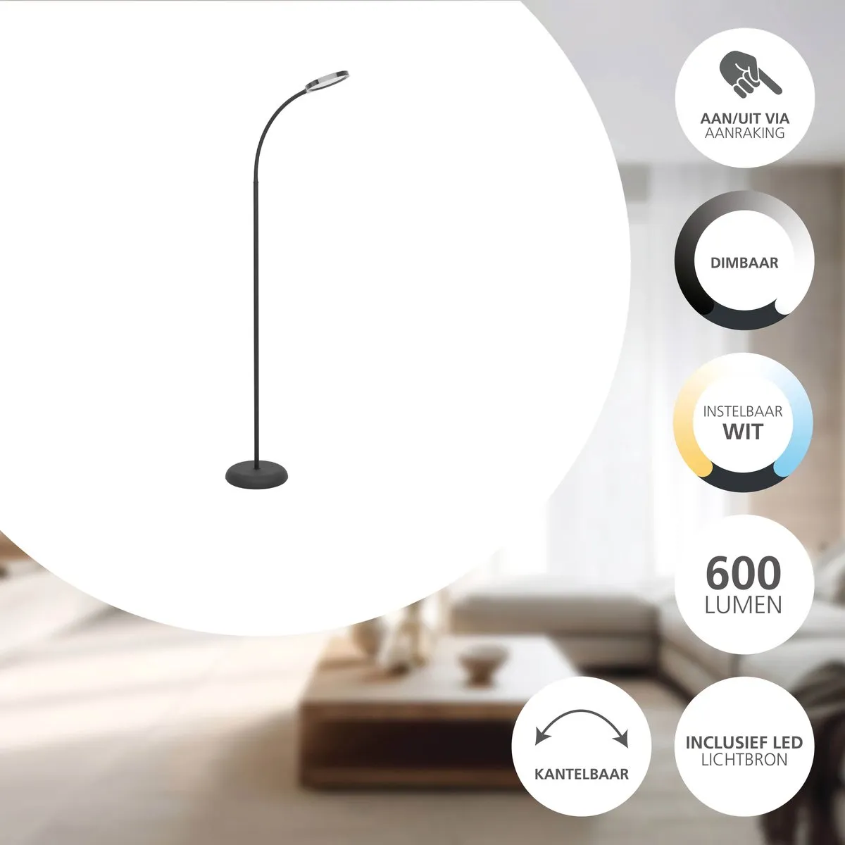 Eglo Lauro Vloerlamp - 152cm - Zwart - Dimbaar Warm Wit - afbeelding 6 van 6