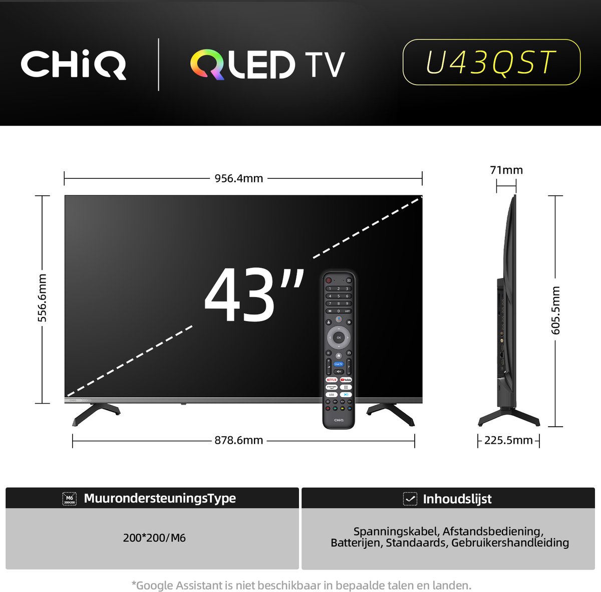 CHiQ U43QST - Smart TV 43 Inch - QLED Pro Google TV - UHD 4K - Randloos Metal Design - Dolby Audio - 2025 Nieuw