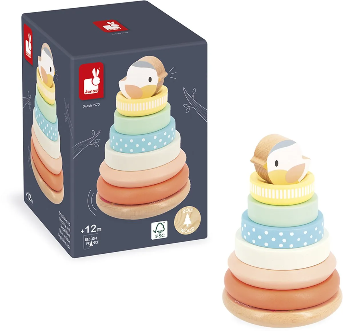 Janod Pure Stapeltoren Vogel - 7 Houten Stukken