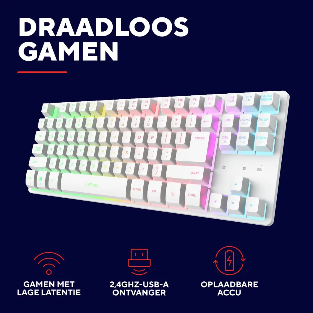 Trust GXT 831W Thado Draadloos Gaming Toetsenbord 80% - Wit