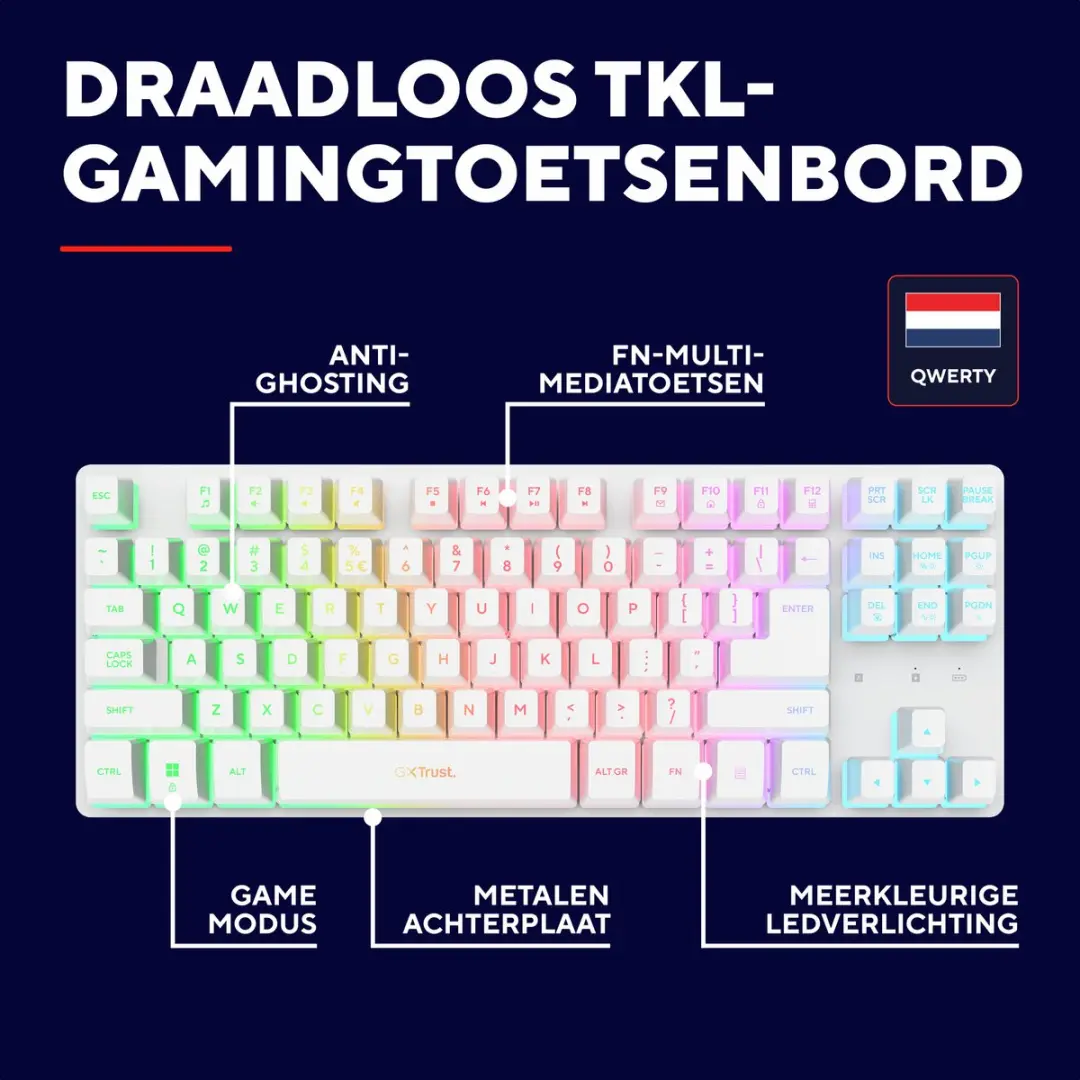Trust GXT 831W Thado Draadloos Gaming Toetsenbord 80% - Wit