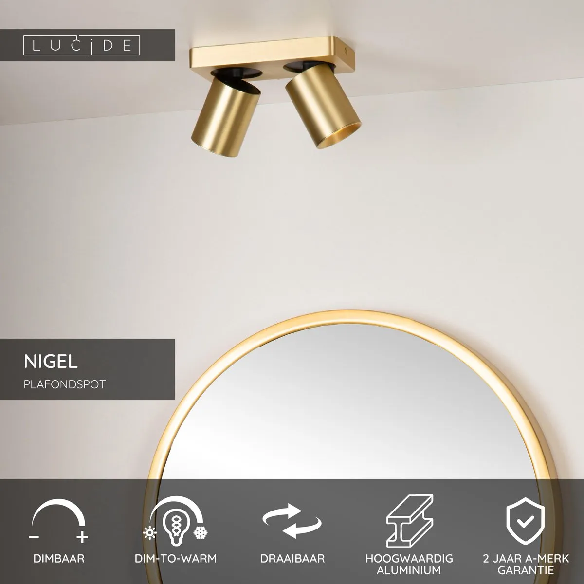 Lucide Nigel Plafondspot LED Dim-to-Warm GU10 - 2x5W 2200K/3000K - Mat Goud