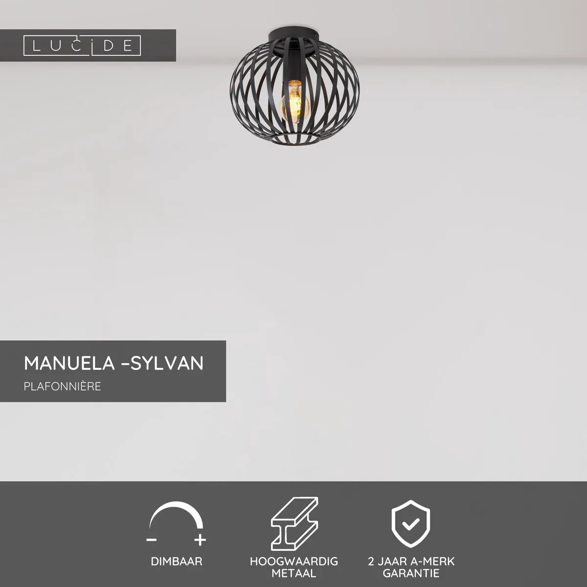 Lucide Manuela Sylvan Plafondlamp Ø25,5cm - 1xE27 - Zwart