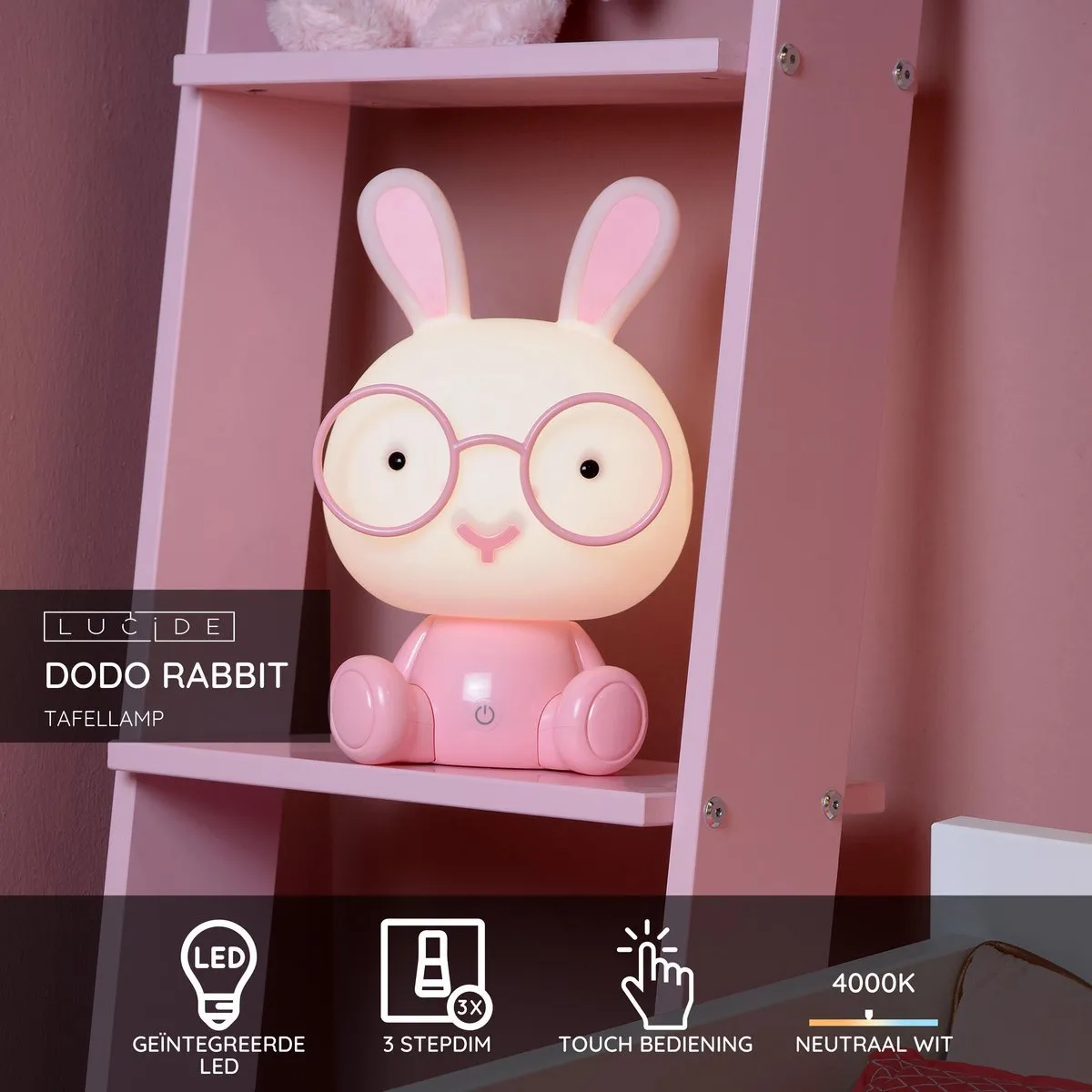Lucide DODO RABBIT Tafellamp - LED 3 StepDim 1x3W 4000K Roze