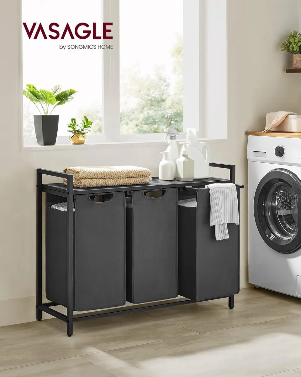Songmics VASAGLE Wasmand BLH301G01 - 3 Compartimenten 114L - Zwart/Grijs