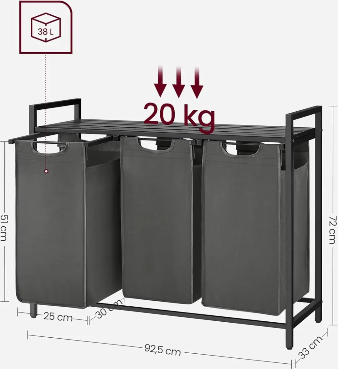 Songmics VASAGLE Wasmand BLH301G01 - 3 Compartimenten 114L - Zwart/Grijs