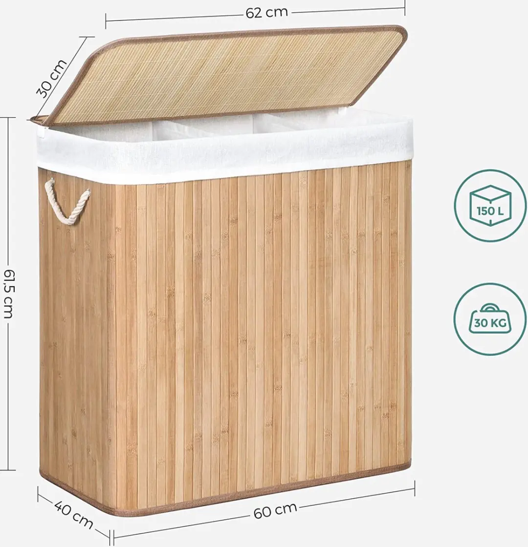 Songmics Wasmand 3 Secties 150L Opvouwbaar - Natuurlijk