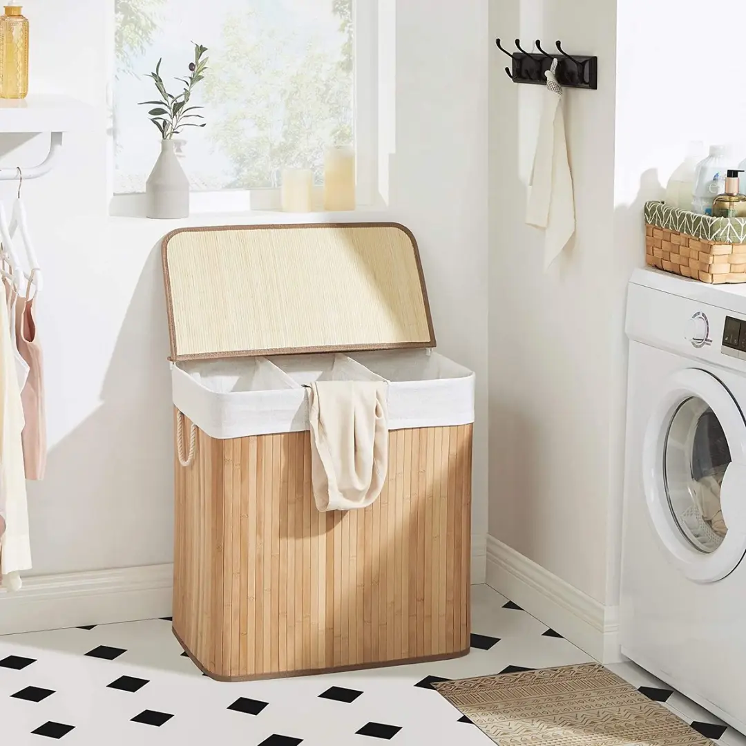 Songmics Wasmand 3 Secties 150L Opvouwbaar - Natuurlijk