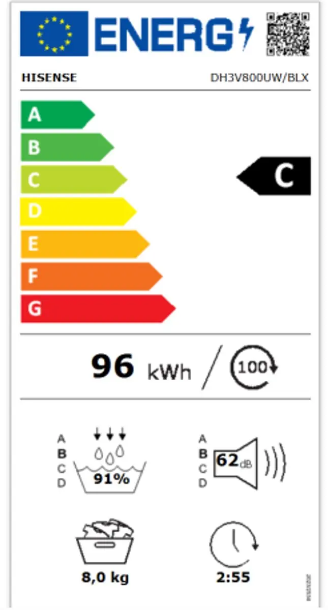 Hisense DH3V800UW/BLX Droger 8kg - 16 Programma's - Wit