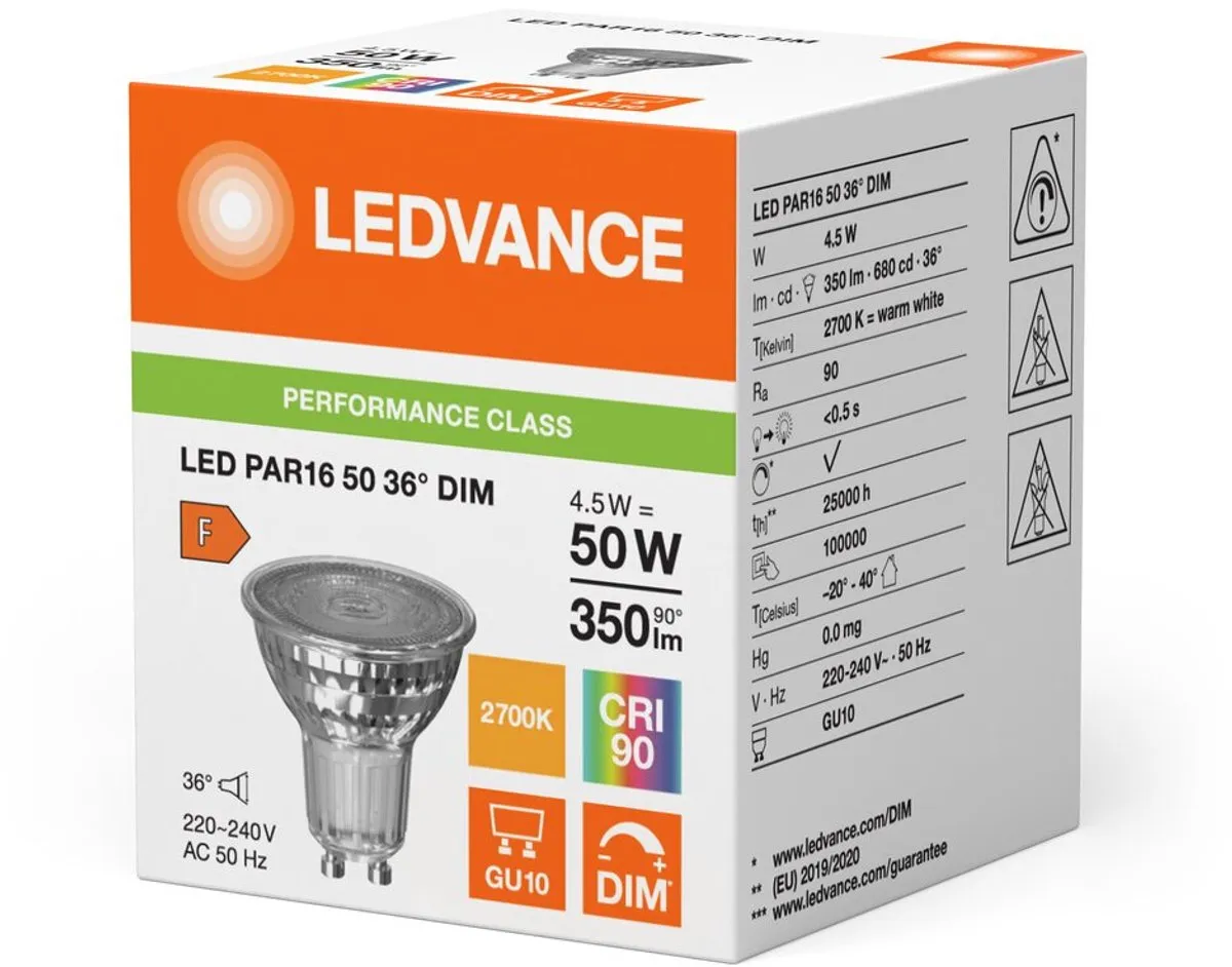 LEDVANCE Performance LED Spot Reflector GU10 PAR16 4.5W 350lm - 3000K