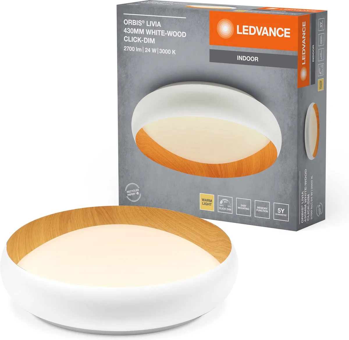 LEDVANCE Orbis Livia LED Plafondlamp 24W 1200lm - 3000K Wit/Houtdecor