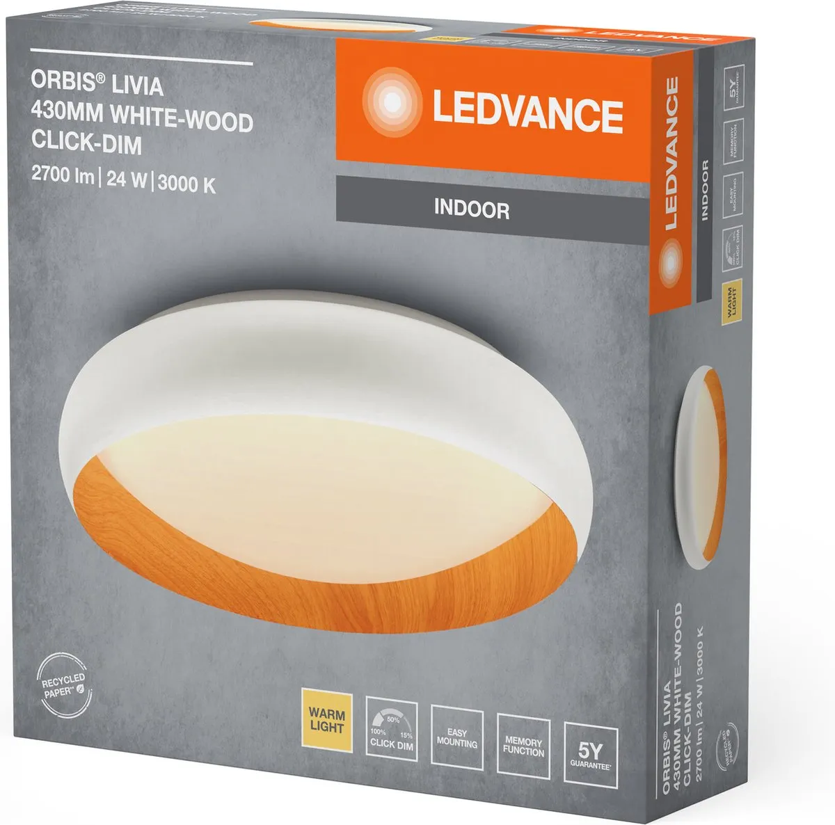 LEDVANCE Orbis Livia LED Plafondlamp 24W 1200lm - 3000K Wit/Houtdecor