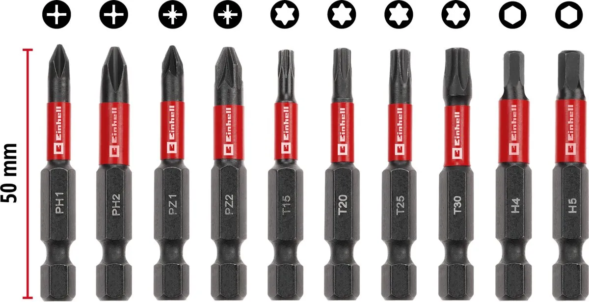 Einhell Slagbitset 10-delig - 50mm PH/PZ/T/H - E6.3 - T15