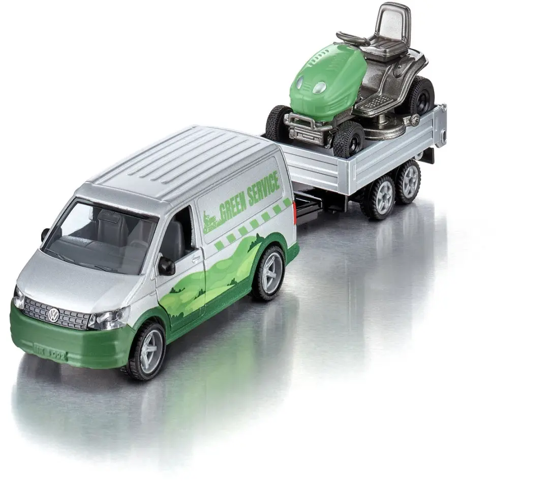 SIKU 2005 VW T6 met Lawn Tractor 1:50 - Metaal/Kunststof - Silver/Groen