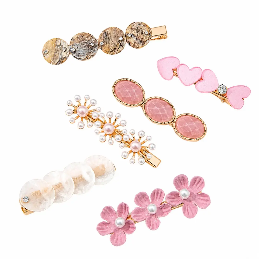 Nuvex Roze Haarspeldjes Set - 6 Stuks - Bloemen/Hartjes/Parels