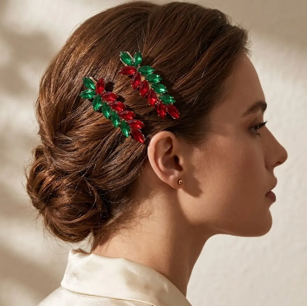 NUVEX Haarclips Set - 2 Stuks - Rood/ Groen Strass