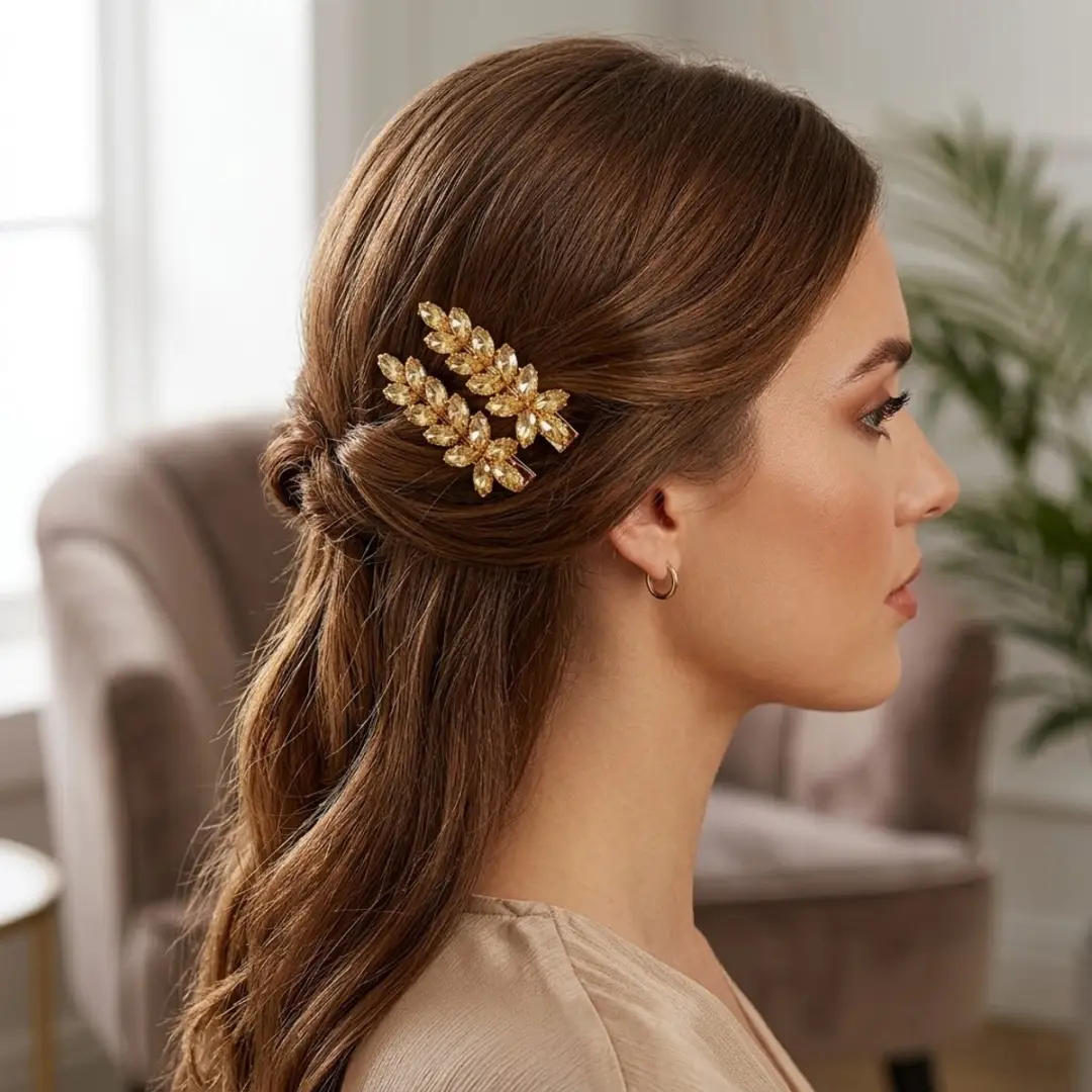 NUVEX Champagne Haarclips Set - 2 Stuks - Strass & Zirkonia
