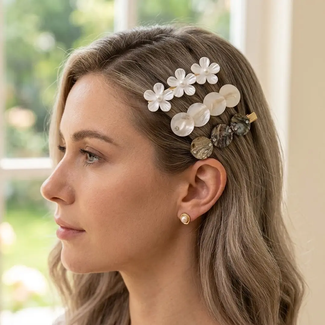 NUVEX Haarspeldjes Witte Bloemen Schelp Parels 6 Stuks