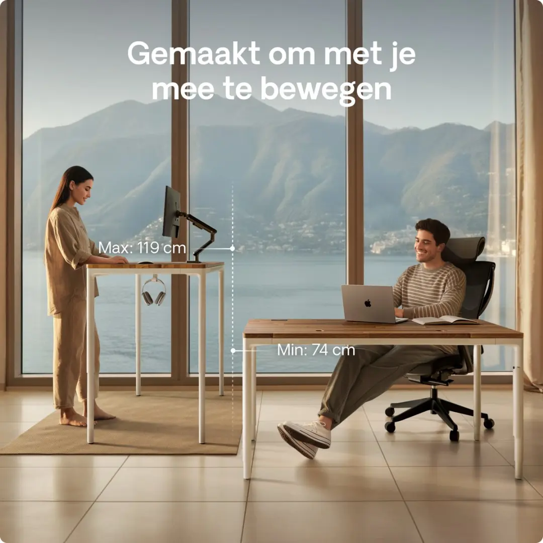 Desktronic HomeMax Zit-sta Bureau 160x80cm - Massief Notenhout/Wit