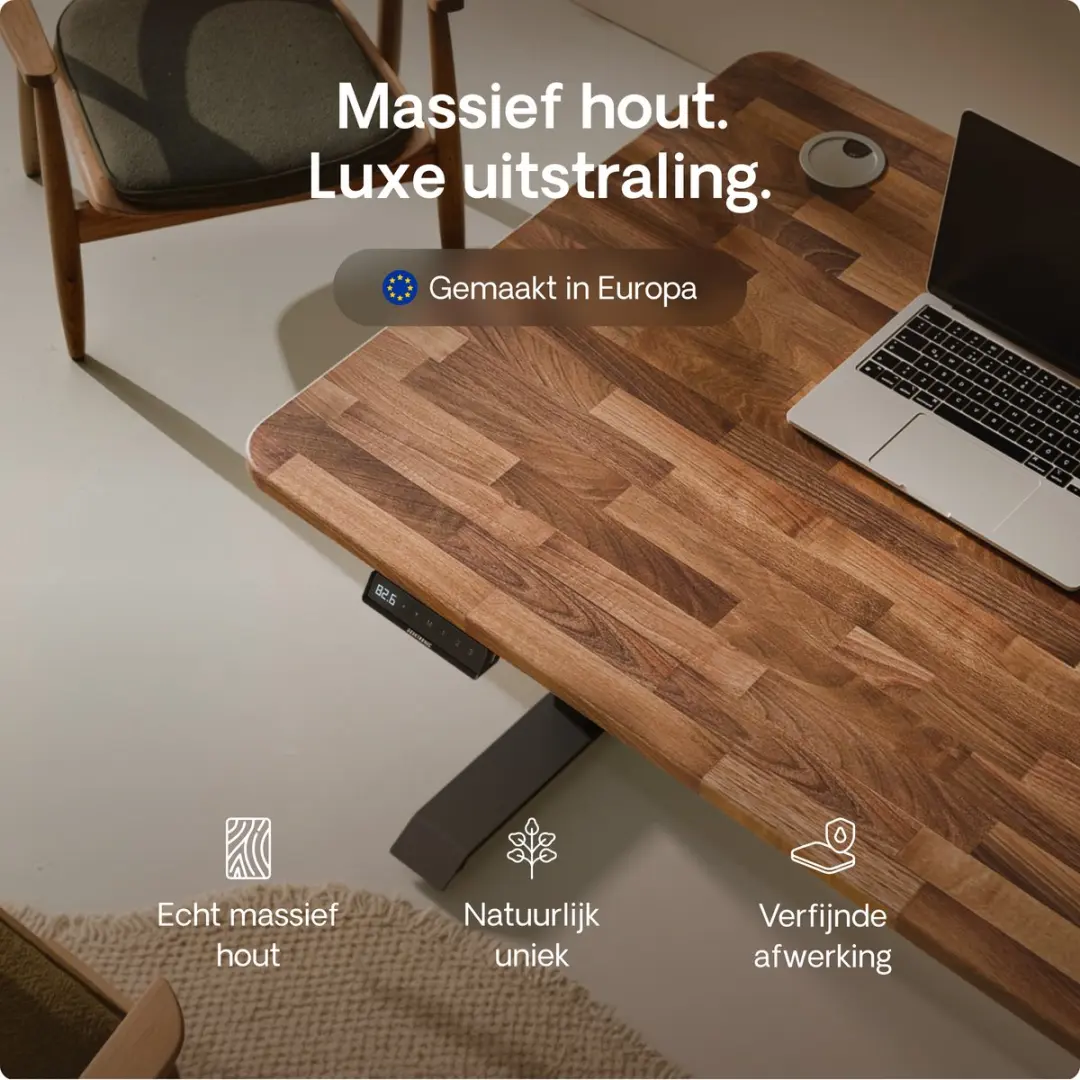 Desktronic HomePro Zit-sta Bureau 180x80cm - Massief Notenhout/Zwart
