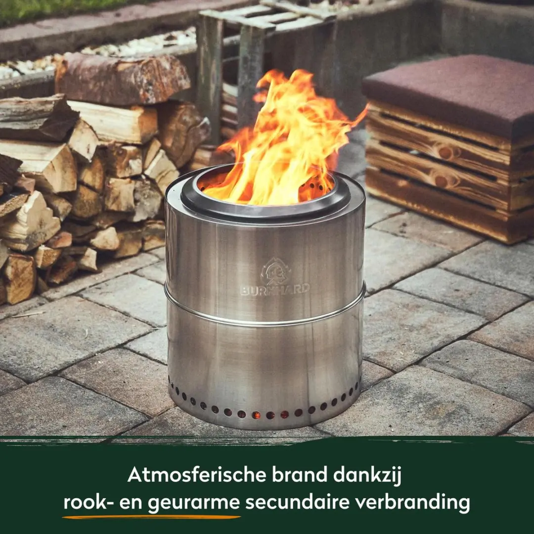 Burnhard Vuurschaal 50cm - Roestvrij staal - met rookarm & aslade