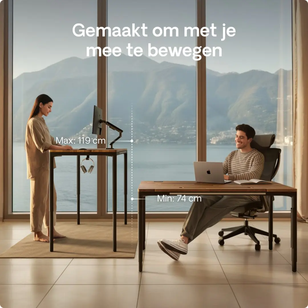 Desktronic HomeMax Zit-sta Bureau 160x80cm - Massief Notenhout/Zwart