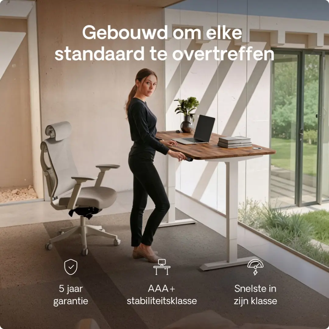 Desktronic HomePro Zit-sta Bureau 160x80cm - Massief Notenhout/Wit
