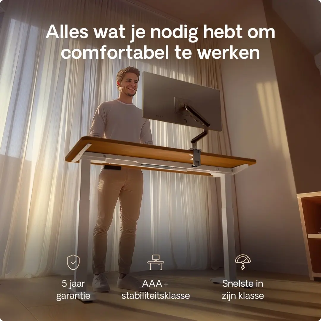 Desktronic HomeOne Zit-sta Bureau 160x80cm - Wit/Notenhout