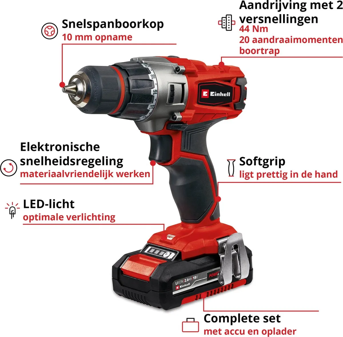 Einhell TE-CD 18/2 Li Kit Accu Boor-/Schroefmachine - 18V - 44Nm - 2x 2.0Ah